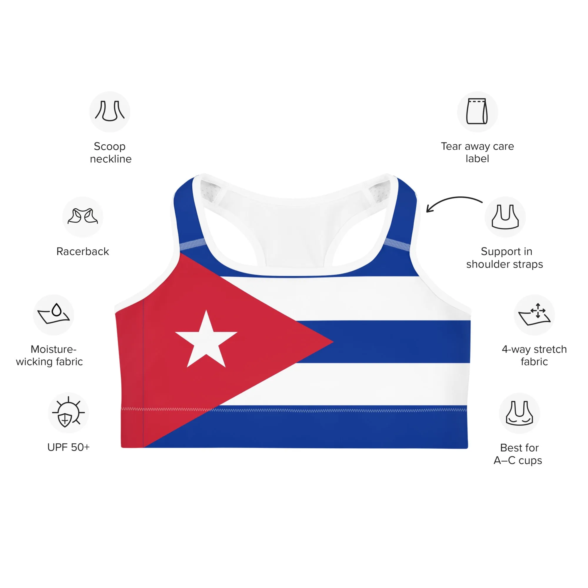 Moisture-Wicking Cuba Flag Sports Bra With Shoulder Strap Support And Double-Layered