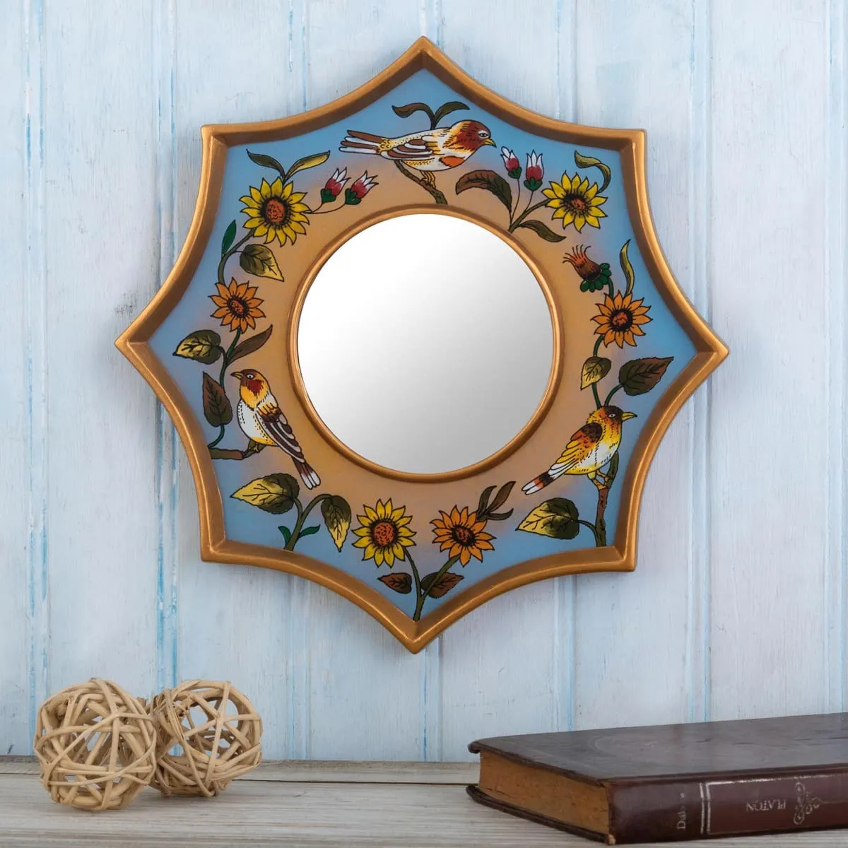 Novica Birds Of Peru In Sky Blue Reverse-Painted Glass Wall Accent Mirror