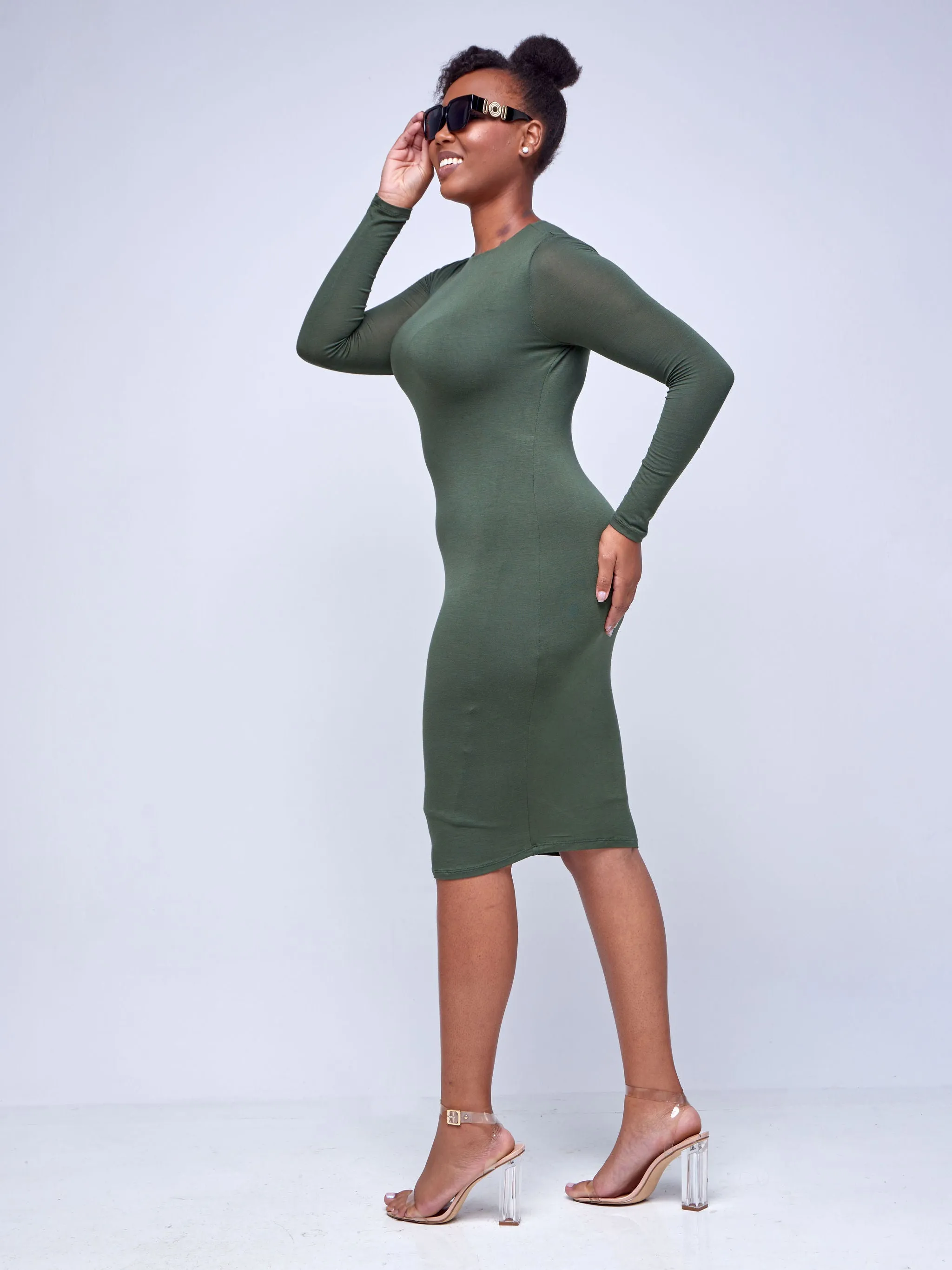 Popular 21 Long-Sleeve Double Layer Midi Dress - Olive Green