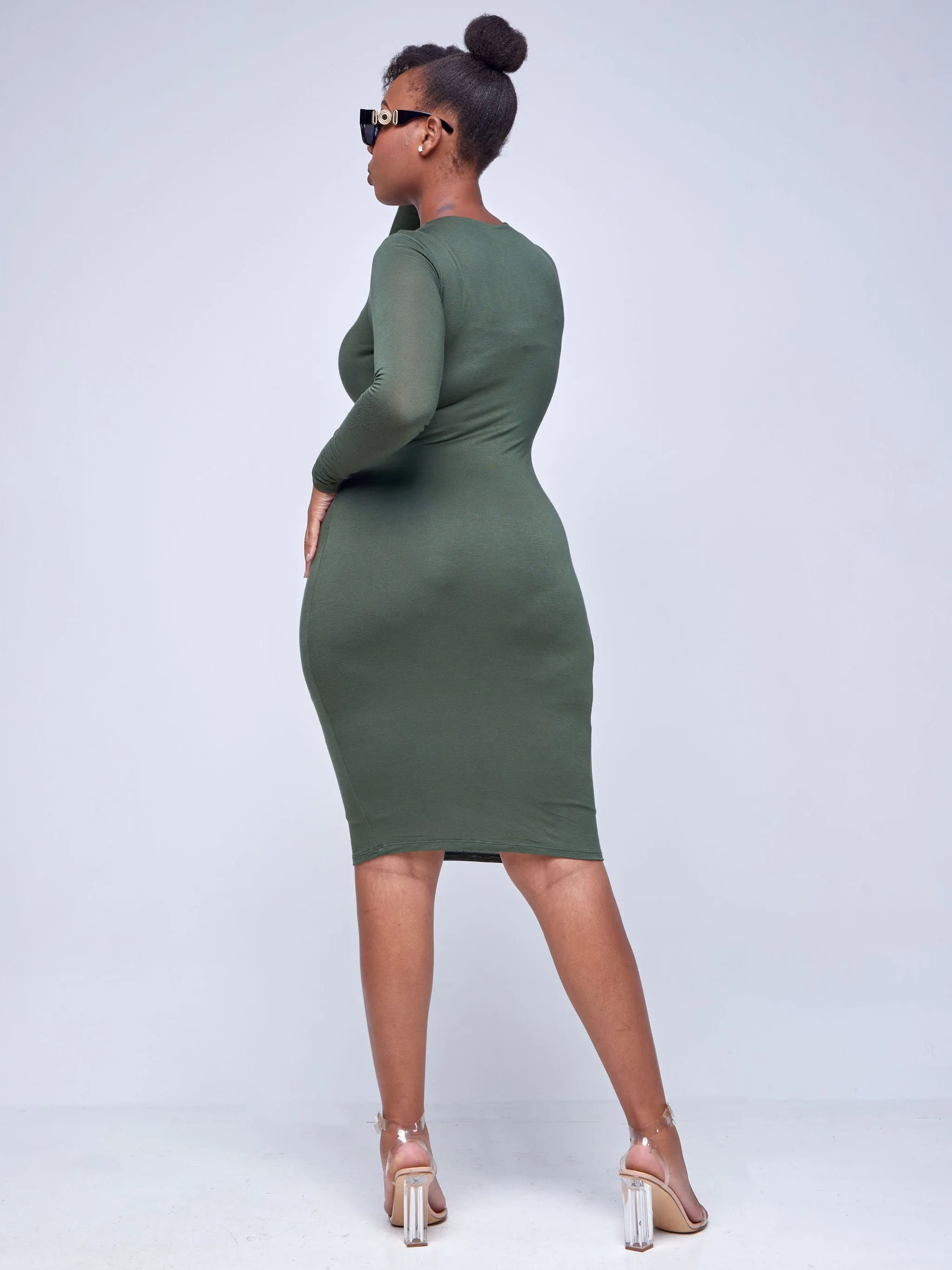 Popular 21 Long-Sleeve Double Layer Midi Dress - Olive Green