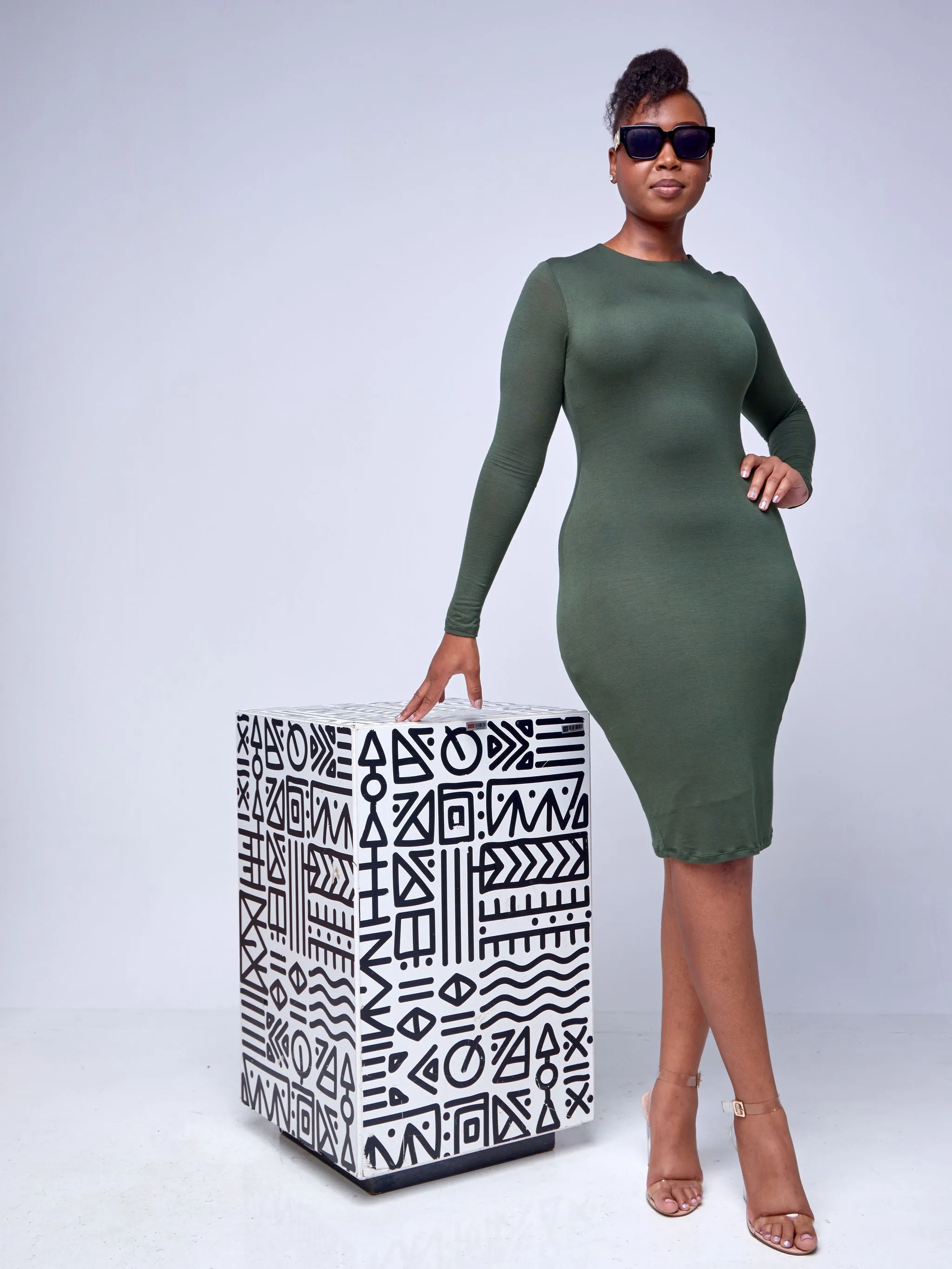 Popular 21 Long-Sleeve Double Layer Midi Dress - Olive Green