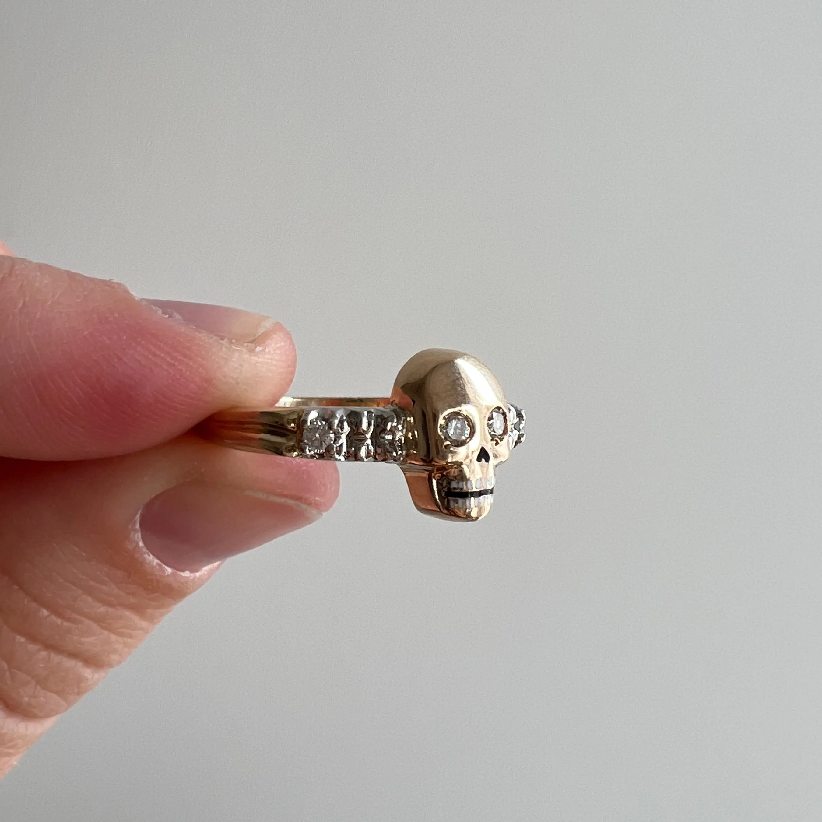 reimagined V I N T A G E // memento mori / solid 14k yellow and white gold and diamond skull ring / Memento Mori / size 8.75