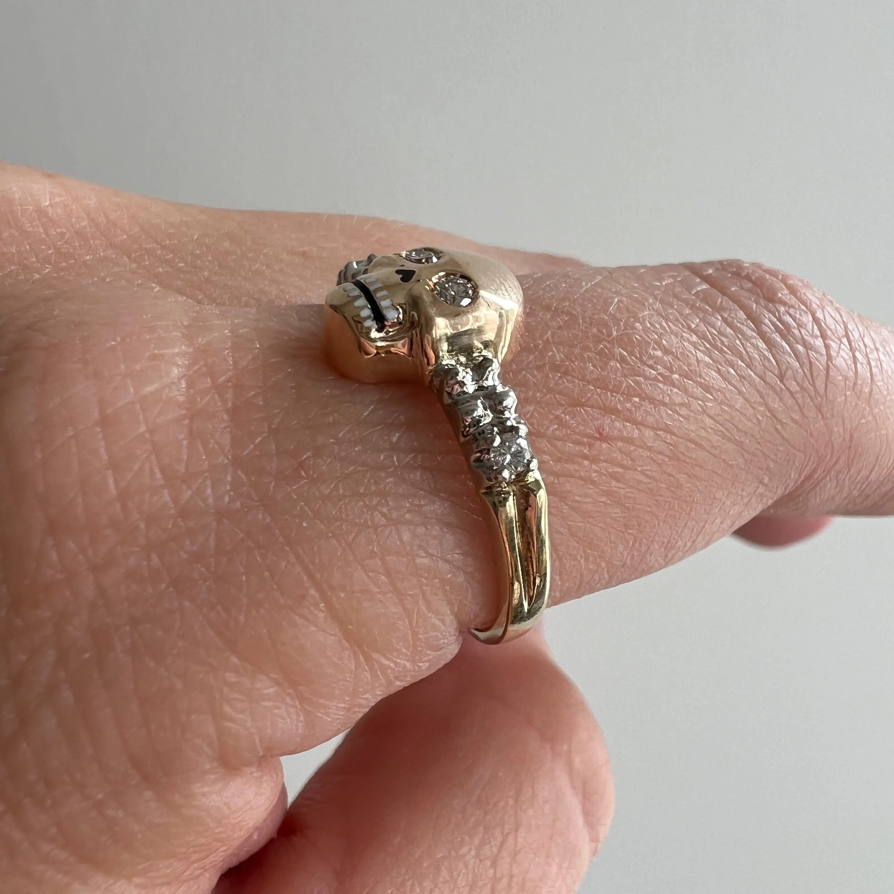 reimagined V I N T A G E // memento mori / solid 14k yellow and white gold and diamond skull ring / Memento Mori / size 8.75