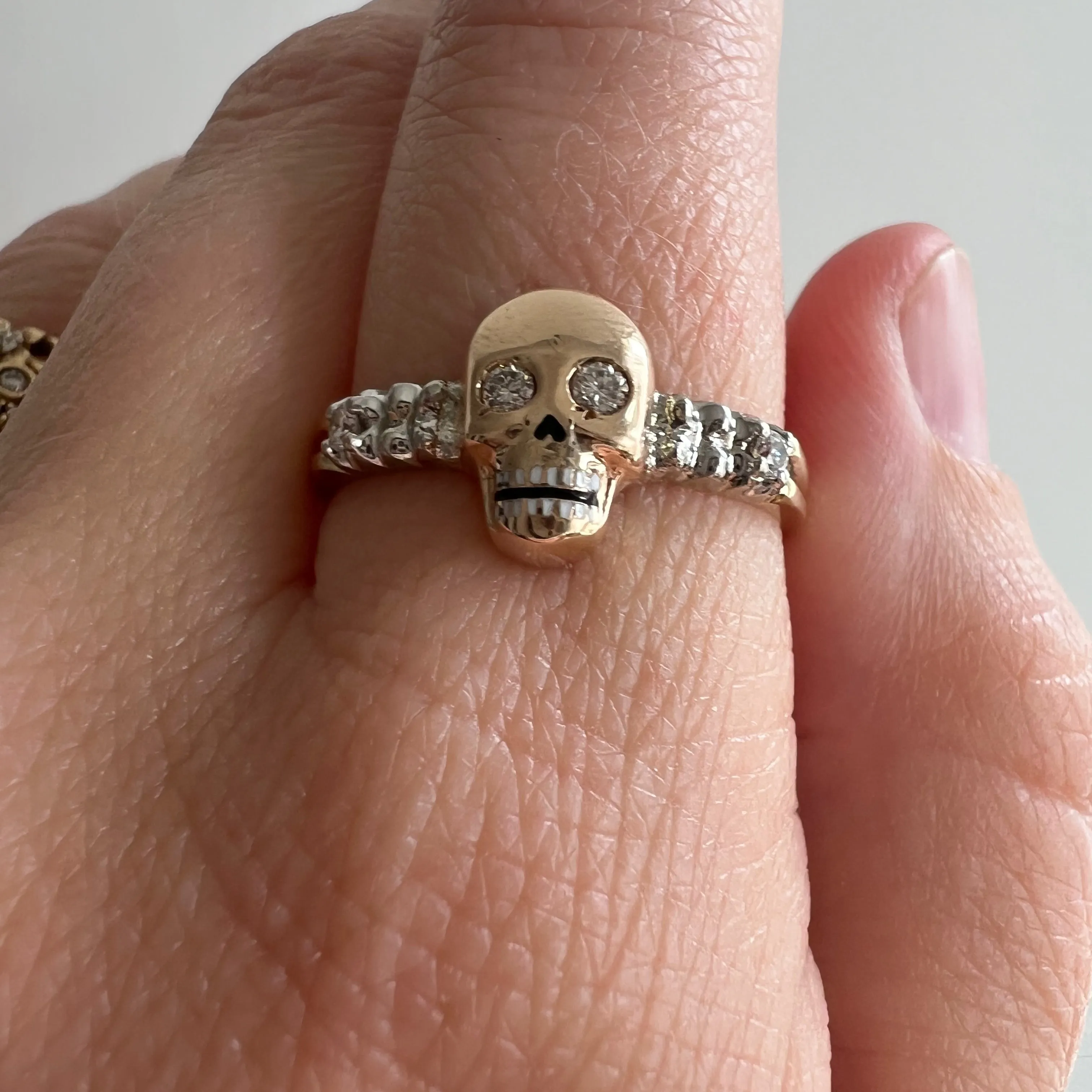 reimagined V I N T A G E // memento mori / solid 14k yellow and white gold and diamond skull ring / Memento Mori / size 8.75