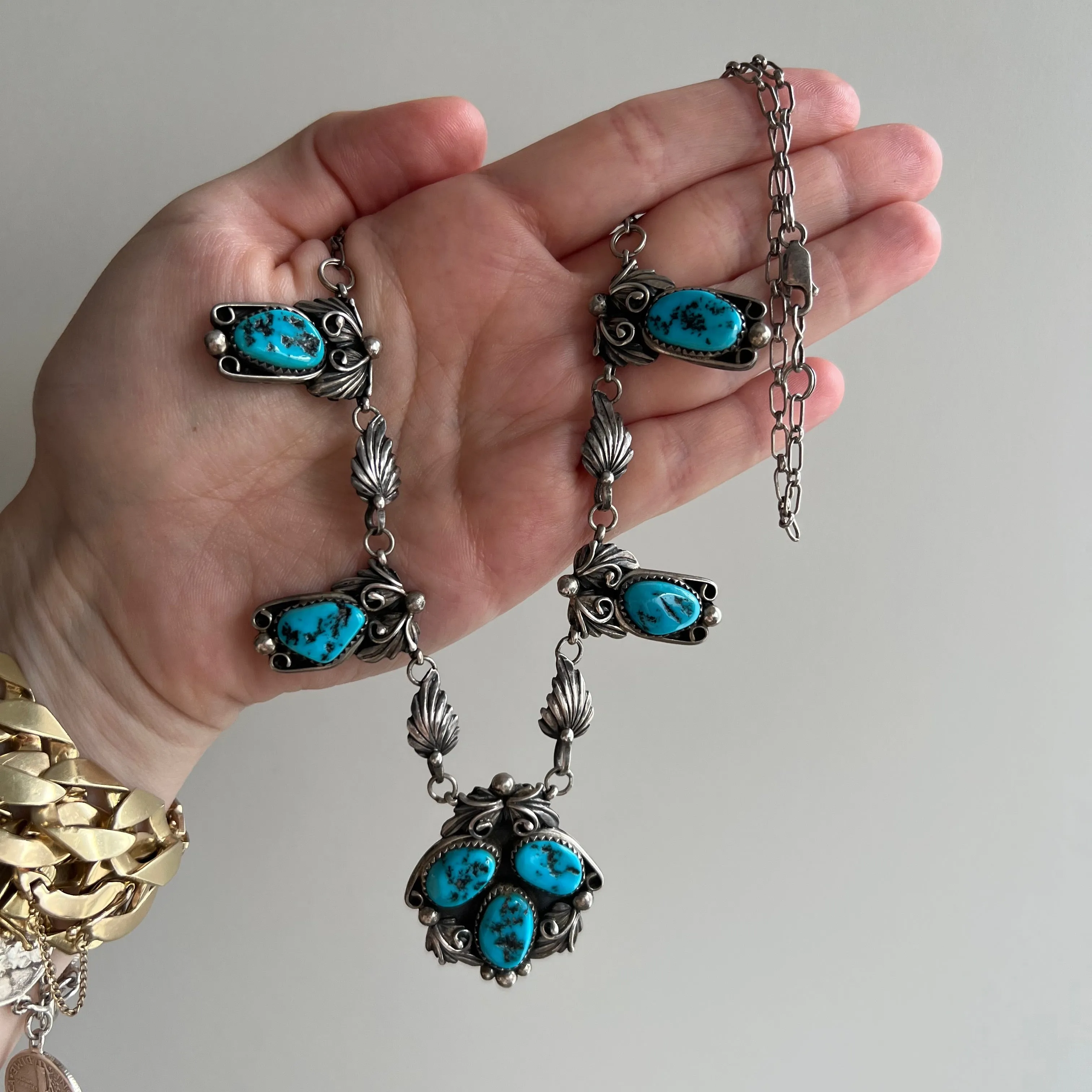 V I N T A G E // CW Paul Jr's blooms / sterling silver and turquoise signed artisan necklace / 21.25