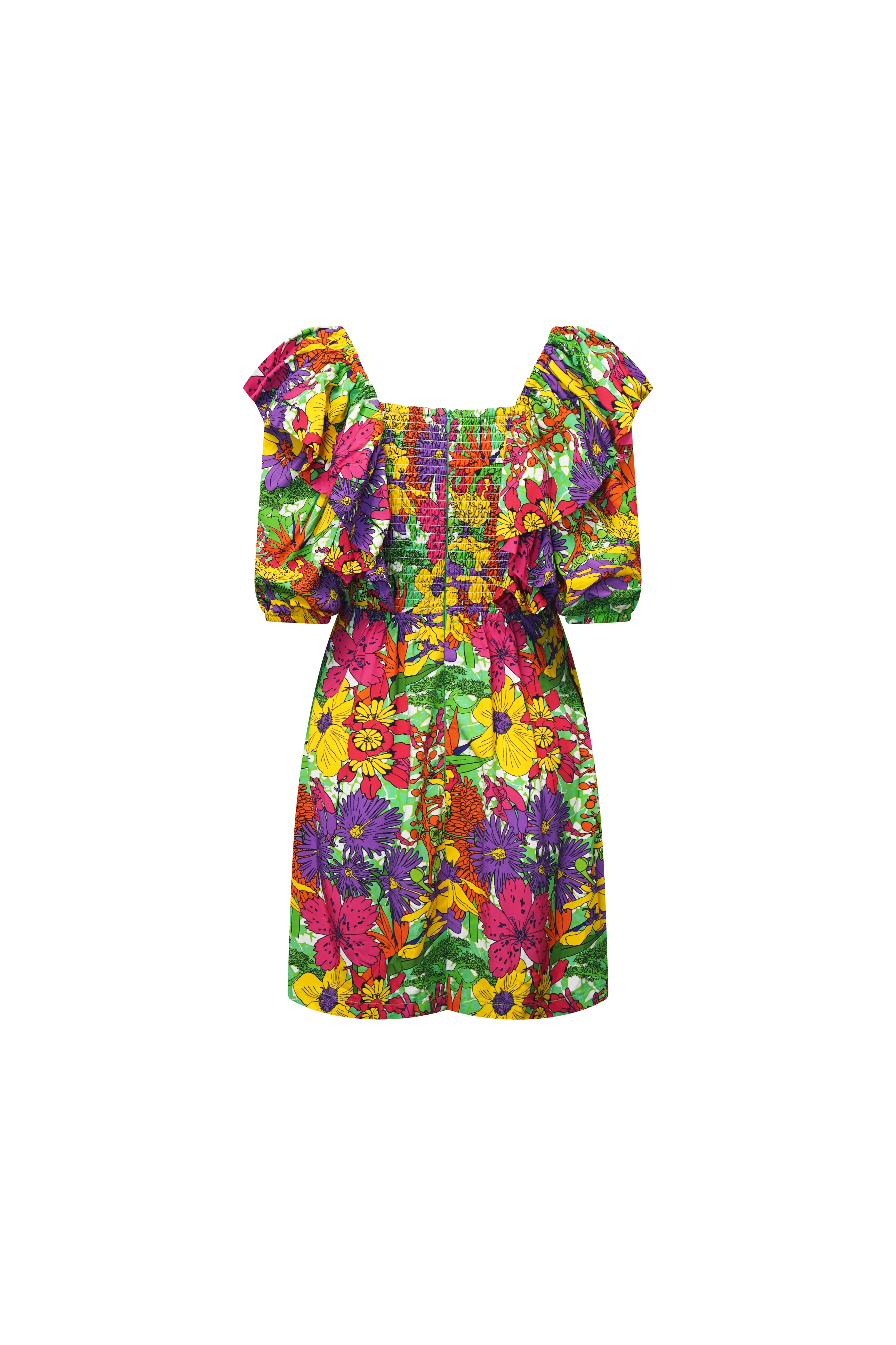 Zalika Mini Dress with Sweetheart Neckline and Twist Detail - Green Pink Yellow Garden Mosaic Print | ILC OA OG